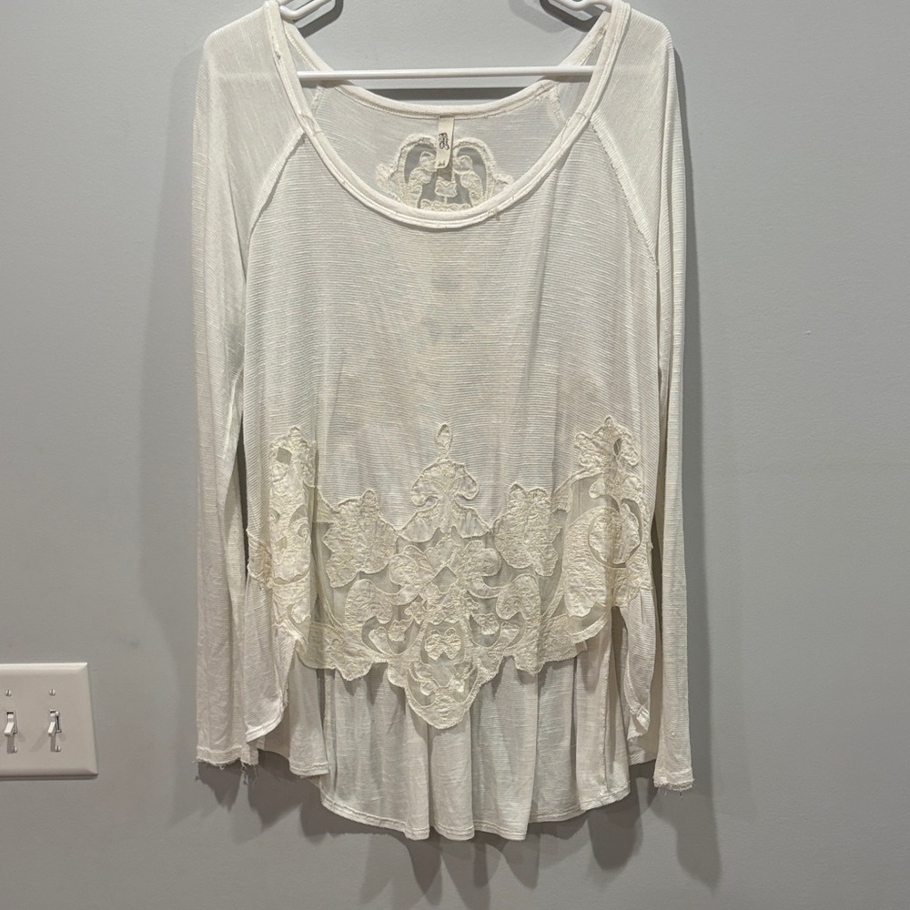 Free People Cream Lace Accent Blouse